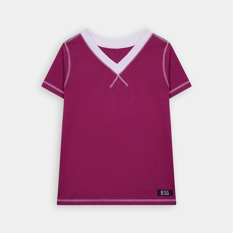 Stylish Women's White Contrast Trim Magenta V Neck T Shirt by BSG, perfect for casual outfits.