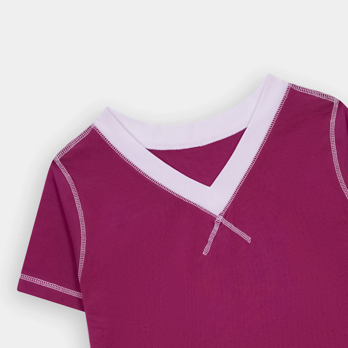 Stylish White Contrast Trim Magenta V Neck T Shirt from BSG featuring a unique graphic design