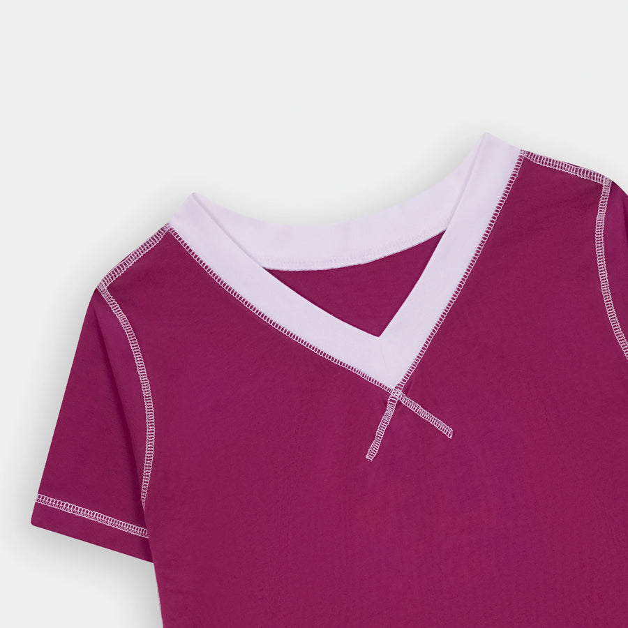 Stylish White Contrast Trim Magenta V Neck T Shirt from BSG featuring a unique graphic design